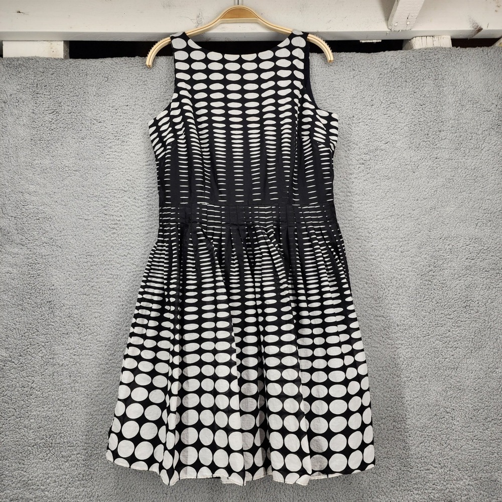 Talbots Petites Black White Polka Dot Cotton Fit Flare Dress 12P Sleeveless